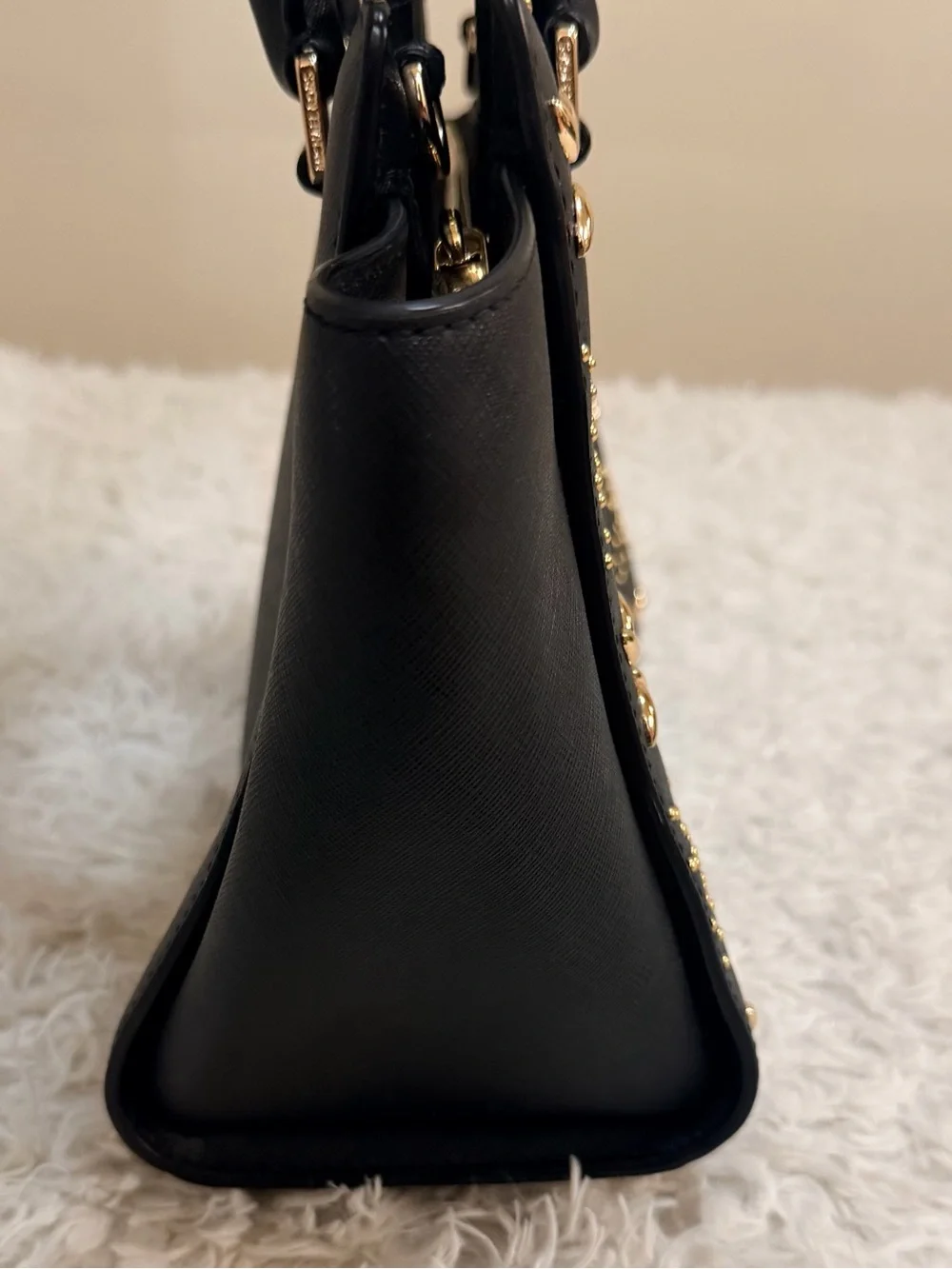 Michael Kors Selma Medium Studded Floral Satchel In Black Saffiano Leather